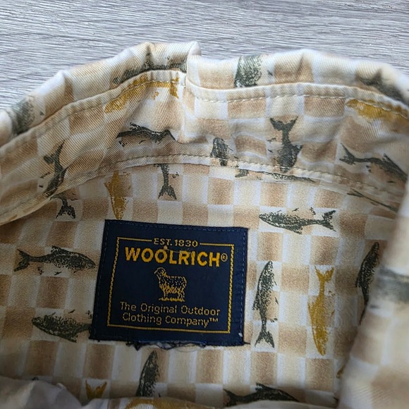 Woolrich Fish Print Button Up Long‎ Sleeve Outdoor Shirt Beige Size L - Picture 4 of 5
